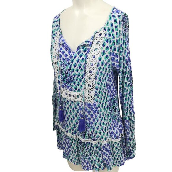 Lilly Pulitzer Amisa Top Size M Crochet Boho Bell Sleeves V-neck Tassel Blue - Picture 7 of 13